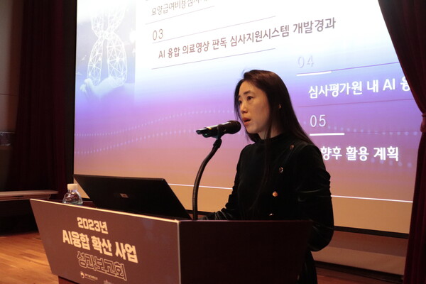 13일 열린 '2023 AI융합 확산 사업 성과보고회'에서 이정민 건강보험심사평가원 심사표준화부 팀장이 의료비 심사지원 간소화를 돕기 위해 도입한 AI 솔루션을 소개하고 있다. /김동원 기자