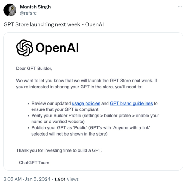 4일(현지시각) 오픈AI가 생성형 AI 모델 기반의 앱을 거래할 수 있는 맞춤형 앱 ‘GPT용 스토어’를 내주 출시한다고 밝혔다. /X 캡처