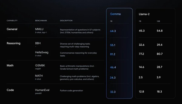 구글은 젬마 7B모델이 메타의 라마2 7B 모델과 추론, 코드 등 분야에서 앞선다고 밝혔다. /구글