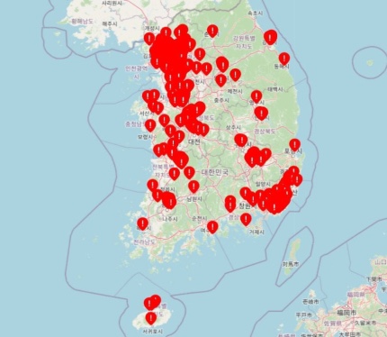 딥페이크 피해 학교 지도. 빨간점으로 표시된 곳은 피해 추정 학교다. /딥페이크 피해학교 지도 캡처
