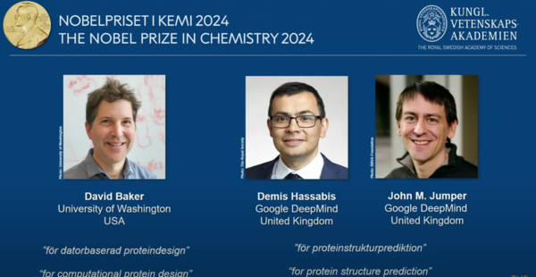 올해 노벨 화학상 수상자로  데이비드 베이커 미국 워싱턴대 교수, 구글 딥마인드의 데미스 허사비스 최고경영자(CEO), 그리고 존 점퍼 딥마인드 디렉터가 선정됐다.  /노벨위원회 유튜브