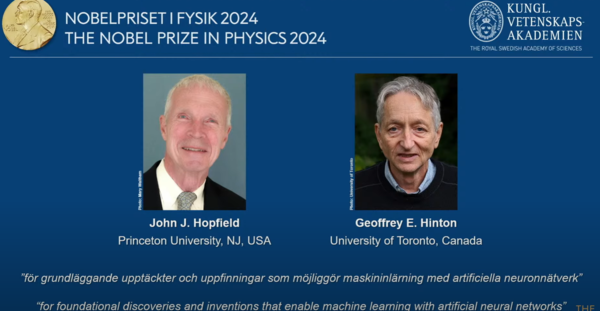 올해 노벨 물리학상 수상자로 머신러닝의 기초를 확립하는 데 공로를 세운 존 홉필드(91)와 제프리 힌턴(76)이 선정됐다. /노벨위원회 유튜브