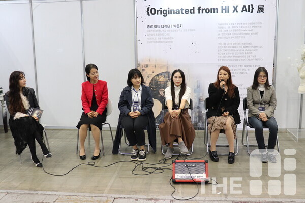 (왼쪽부터) 박은지 총괄 아트 디렉터, 카인 작가, 김양희 작가, 안혜성 작가, 엘리사 작가, 김현숙 작가. /김동원 기자