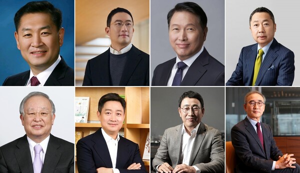 (왼쪽부터 시계방향) 한종희 삼성전자 대표이사 부회장, 구광모 LG 대표, 최태원 SK그룹 회장, 박정원 두산그룹 회장, 김영섭 KT 대표, 유영상 SK텔레콤 대표, 홍범식 LG유플러스 사장, 손경식 CJ그룹 회장. /삼성전자·LG·SK·두산·CJ·SK텔레콤·KT·LG유플러스 