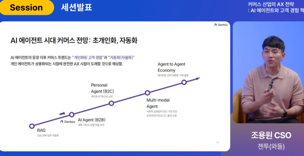 13일 열린 ‘커머스 산업에서의 AX 전략과 AI 에이전트를 활용한 고객 경험 혁신’ 주제 웨비나에서 조용원 와들 (Waddle) CSO(최고전략책임자)가 AI 에이전트로 바뀔 커머스 미래에 대해 전망하고 있다. /웨비나 캡처