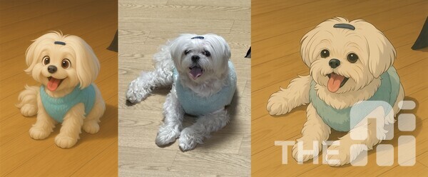 기자의 반려동물(가운데)를 챗GPT를 통해 픽사풍(왼쪽)과 지브리풍(오른쪽)으로 그려달라고 프롬프트를 입력했을 때 나온 사진. /유덕규 기자