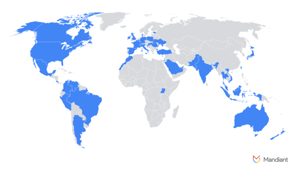북한 IT 인력의 사이버 공격에 영향을 받고 있는 국가들 /구글 위협 인텔리전스 그룹
