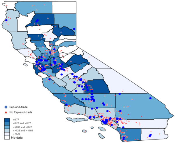 미국 캘리포니아 배출권 거래의 영향을 받는 제조 시설과 카운티의 탄소 배출 변화. /KAIST