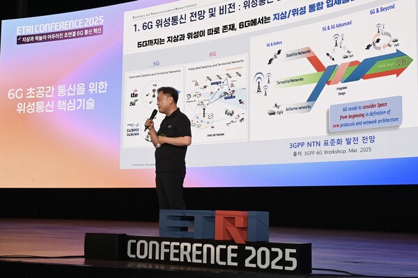 이문식 ETRI 위성통신연구본부장이 ETRI 컨퍼런스 2025에서 6G 초공간 통신을 위한 위성통신 핵심기술에 관해 발표하고 있다. /ETRI