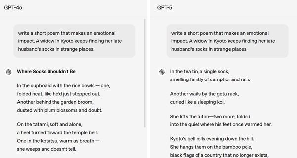 GPT-5와 기존 GPT-4o와의 응답 비교표. GPT-5 응답은 더욱 강렬한 결말, 선명한 이미지, 그리고 인상적인 은유(예: “더는 존재하지 않는 나라의 검은 깃발”, “쿄토의 종소리가 저녁을 언덕 아래로 굴린다”)를 통해 더 큰 감정의 흐름을 완성하며, 뚜렷한 문화적 배경과 장소감을 형성한다. 반면, GPT-4o의 버전은 보다 예측 가능한 구조와 운율을 따르며 ‘보여주기보다는 설명하는’ 방식(예: “그녀는 울고, 말하지 않는다”)으로 전개된다. /오픈AI 블로그 캡처