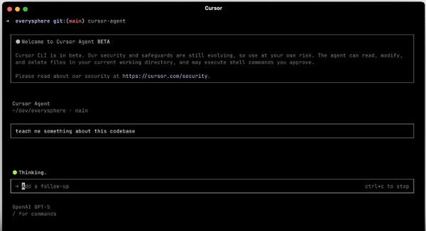 커서가 터미널에서 GPT-5와 같은 최신 AI 모델과 대화하며 코딩할 수 있는 ‘커서 CLI’를 공개했다. /커서 블로그 캡처