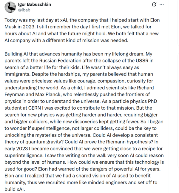 이고르 바뷰슈킨 xAI 공동창업자가 자신의 X 계정을 통해 xAI를 떠나 AI 연전 연구를 지원하는 벤처캐피털을 설립한다고 전했다. /바뷰스킨 X계정 캡처