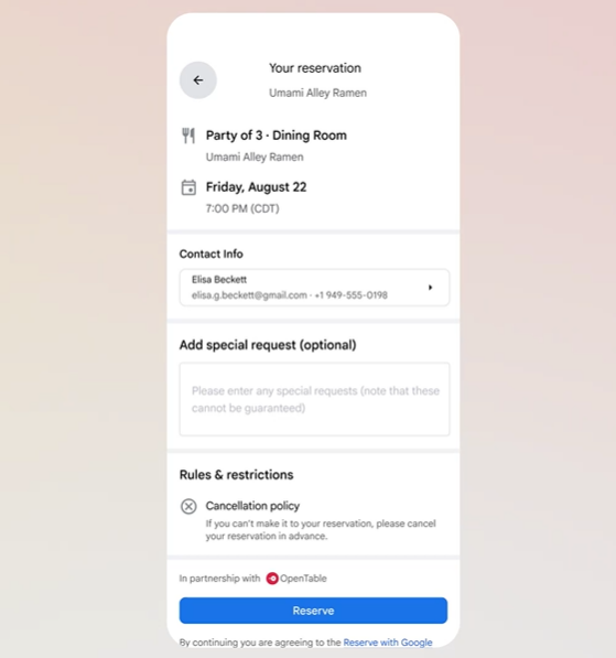 구글 AI 모드에서 사용자가 검색하면 AI가 알아서 스스로 식당을 찾고 예약 페이지까지 연결해준 모습. /구글 공식 블로그 