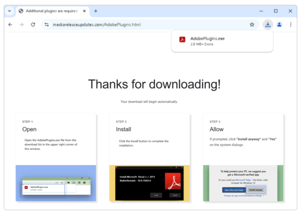 악성코드 다운로드 후 나타나는 가짜 설치 안내 화면. 사용자가 윈도우 보안 경고를 우회하도록 상세한 지침을 제공한다. /구글
