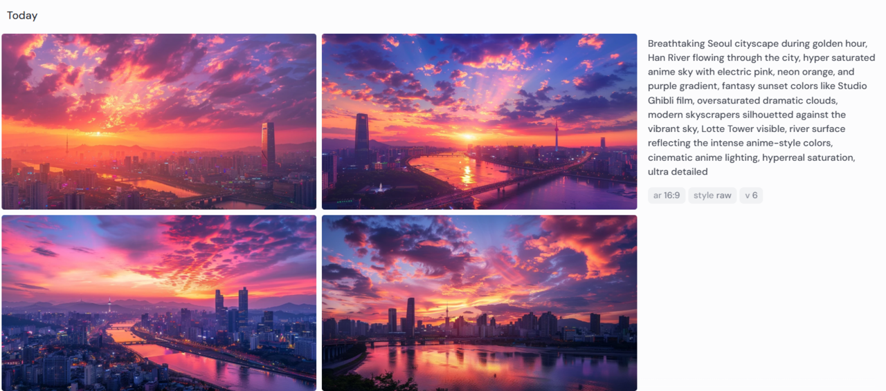 미드저니를 통해 제작한 노을과 한강이 보이는 서울 풍경 이미지. 우측은 클로드 소넷 4를 통해 만든 프롬프트 영문. /유덕규 기자