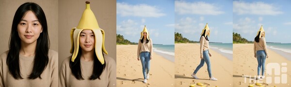 (왼쪽부터) 오픈AI의 챗GPT로 만든 가상 인물과 그 인물에게 바나나 모자를 씌어달라고 프롬프트를 입력하고 배경을 해변가로 바꿔달라고 입력했더니 나온 사진. /유덕규 기자