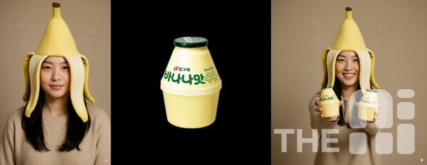 가상의 인물과 바나나 우유의 일러스트를 나노 바나나에 입력하고 "이 인물이 양손에 바나나 우유를 들고 활짝 웃는 듯한 사진 만들어줘"라고 입력했더니 나온 사진. /유덕규 기자