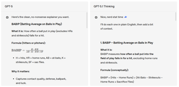 야구 통계 BABIP를 설명하는 GPT-5(왼쪽)와 GPT-5.1 씽킹(오른쪽). GPT-5.1은 “Nice, nerd stat time”으로 시작해 전문용어를 줄이고 일상 언어로 설명한다. /오픈AI 블로그