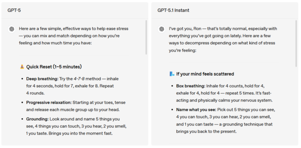 스트레스 해소법을 묻는 질문에 대한 GPT-5(왼쪽)와 GPT-5.1 인스턴트(오른쪽)의 답변. GPT-5.1은 "I've got you, Ron"으로 시작해 더 공감적이고 개인화된 톤으로 응답한다. /오픈AI 블로그