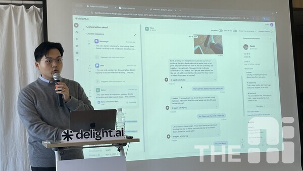 19일 서울 강남구 센드버드코리아 본사에서 열린 미디어 라운드테이블에서 엄용철 센드버드코리아 프로덕트 매니저가 AI 컨시어지 ‘delight.ai’를 시연하고 있다. /구아현 기자