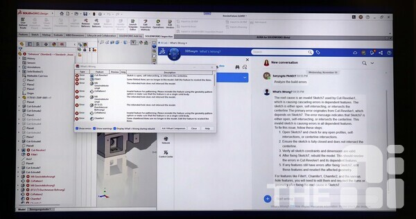솔리드웍스에 적용된 생성형 AI 사례. 오른쪽을 보면 챗GPT와 대화하듯 AI와 설계하는 것을 알 수 있다. /김동원 기자