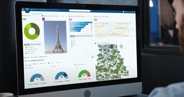 다쏘시스템의 3D익스피리언스 플랫폼에서 도시 계획 프로젝트를 시뮬레이션하는 모습. 지속가능성, 탄소 배출 등 다양한 데이터를 통합 관리할 수 있다. /다쏘시스템 유튜브 캡처